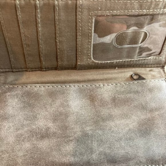 Mix No. 6 Grey Wallet suede type material ivory stone embellishment snap shut - Picture 4 of 8